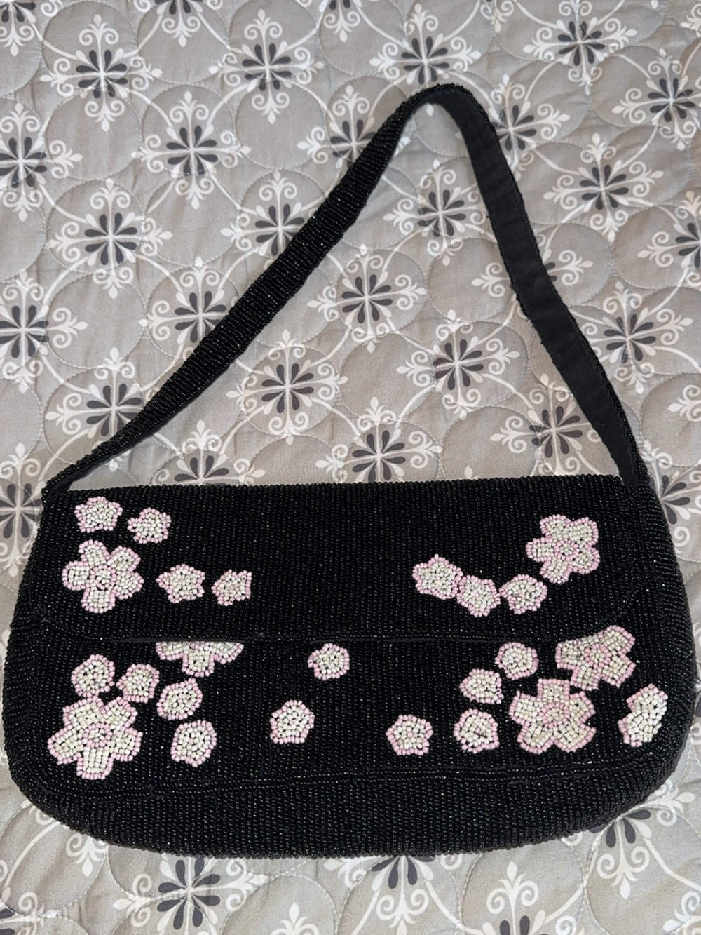 Free People Black Beaded Shoulder Bag with Pink Floral Accents